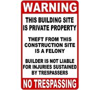 Warning This Building Site Is Private Property. Theft From This Construction Site Is A Crimine, Targa in metallo per esterni e interni, 30,5 x 20,3 cm