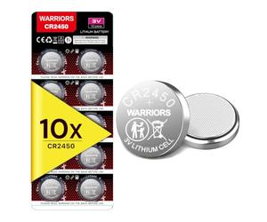 Warriors 10X Batteria CR2450 3V Litio a Bottone | Confezione antimanomissione per bambini. Per bilance, sensori, luci LED, telecomandi, chiavi auto e piccoli elettronici