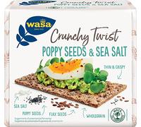 Wasa Crunchy Twist Poppy Seeds & Sea Salt, Cracker Integrali Ricchi di Fibre con Farina di Segale, Semi di Lino, Semi di Papavero e Sale Marino, Fette Sottili e Croccanti, Ideali come Snack, 245 g