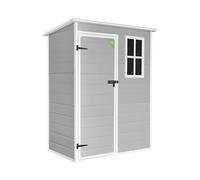 WASABI Casetta in resina per giardino - Montaggio semplice e veloce - Finestra luce naturale - Pannelli robusti da 12 mm - Grigio bianco - Capanno in PVC per stoccaggio esterno (1,37 m2 tetto piatto)