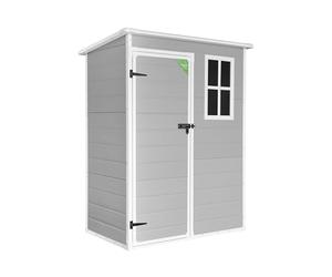 WASABI Casetta in resina per giardino - Montaggio semplice e veloce - Finestra luce naturale - Pannelli robusti da 12 mm - Grigio bianco - Capanno in PVC per stoccaggio esterno (1,37 m2 tetto piatto)