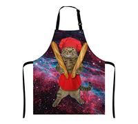 Wasach Divertente grembiule con gatto, il panettiere beige con cappello da chef rosso e grembiule tiene due pagnotta di pane francese, grembiule da cucina regolabile, grembiule da cucina per uomini e