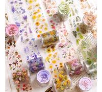 Washi Tape Set 6 Rotoli PET Scrapbook Stickers Adesivi Fogli Decorativo con Fiori Tape Decorativo per Fai Da Te Scrapbooking,Bullet Journal, Album，Journaling，Adesivi Personalizzati