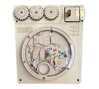 Washing Machine Style Activity Board for Seniors, Wooden Panel with Gears, Knob, Latch, Clear Drum Window, Alphanumeric Pieces, Fine Motor Skills
