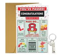 Wasise Biglietto di prova di guida passato, 2 pezzi, regalo di congratulazioni, congratulazioni per aver superato la scheda di prova di guida, con portachiavi, regalo per studenti e conducenti, regalo
