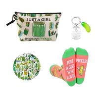 Wasise Pickle Gifts - 4 divertenti regali sottaceti con calzini, portachiavi adesivi e borsa per il trucco, regalo di supporto emotivo, divertenti calzini con scritta Just a girl who loves pickles