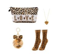 Wasise Regali da donna con stampa leopardata, set da 4 pezzi con borsa per cosmetici, collana, portachiavi e calzini, eleganti calzini e accessori con stampe animalier, regalo per il rientro a scuola