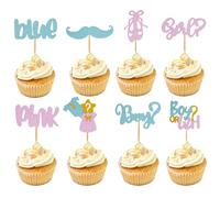 Wasise Topper per cupcake con scritta "Gender Reveal", 24 pezzi, glitter blu e rosa, divertenti decorazioni per torte, baffi, scarpe da ballerina, per feste di compleanno e sesso