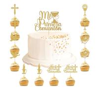 Wasise Topper per torta a forma di croce, 13 pezzi, decorazioni per torta per cresima, croce glitterata dorata e topper per cupcake, decorazioni per torte per la prima comunione, decorazioni per torte