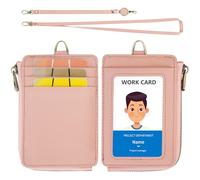 Wason Porta badge in pelle con portafoglio tasca cerniera cordino da collo staccabile, cinturino da polso rimovibile tracolla e bobina retrattile carte multiuso per badge permesso (Rosa)