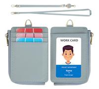 Wason Porta badge in pelle con portafoglio tasca cerniera cordino da collo staccabile, cinturino da polso rimovibile tracolla e bobina retrattile carte multiuso per badge permesso (Blu)