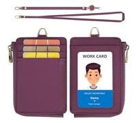 Wason Porta badge in pelle con portafoglio tasca cerniera cordino da collo staccabile, cinturino da polso rimovibile tracolla e bobina retrattile carte multiuso per badge permesso (Viola)