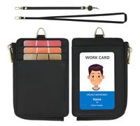 Wason Porta badge in pelle con portafoglio tasca cerniera cordino da collo staccabile, cinturino da polso rimovibile tracolla e bobina retrattile carte multiuso per badge permesso (Nero)