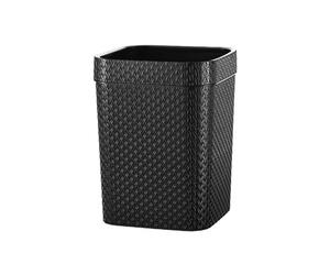 Waste Paper Basket 4 Gallon Square Plastic Trash Can Imitation Rattan Wastebasket Bin with Pressure Ring, for Living Room, Bedroom, Office(Black)