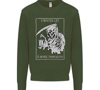 Wasted Life Grim Reaper Gothic Biker Skull Uomo Sweatshirt Jumper