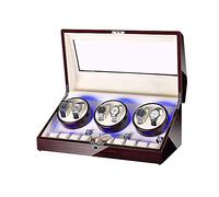 Watch Winder for 6 Watches + 10 Storage LED Light Wood Shell Piano Paint Exterior Leather Interior Silent Motor (A)