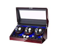 Watch Winder for 6 Watches + 10 Storage LED Light Wood Shell Piano Paint Exterior Leather Interior Silent Motor (B)