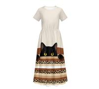 Watdotory Abito lungo con fiori di gatto per bambini, Beige a righe leopardate, 11-12 Anni