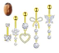 WATEFOER 5 Pezzi 14G Piercing Ombelico Acciaio Chirurgico per Donna Piercing Ombelico Anallergico CZ Cuore Farfalla Lacrima Pendenti Ombelico Anello Gioielli per Donna Uomo (Oro)