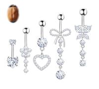 WATEFOER 5 Pezzi 14G Piercing Ombelico Acciaio Chirurgico per Donna Piercing Ombelico Anallergico CZ Cuore Farfalla Lacrima Pendenti Ombelico Anello Gioielli per Donna Uomo (Argento)