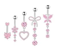 WATEFOER 5 Pezzi 14G Piercing Ombelico Acciaio Chirurgico per Donna Piercing Ombelico Anallergico CZ Cuore Farfalla Lacrima Pendenti Ombelico Anello Gioielli per Donna Uomo (Rosa CZ)