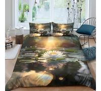 Water lily bloomSet Di Copripiumino microfibra 3 Pezzi stampa di 3D cerniera nascosta Nature serene scene copripiumino con federe traspirante ultra morbido for coppie King（220x240cm）