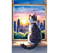 Watercolor Cat Aesthetic Notebook, 6x9 inch, 100 Sheets, College Ruled, Cute Journal for Women, Kids Back to School Notebook: Sundown Cityscape Cat