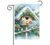 Watercolor Cute Little Birds Around Birdhouse Pine Branches Winter Bandiere Verticale Resistente Alle Intemperie Flag Colore Vivido Bandiera Da Giardino Per Feste Casa Festival 30X45Cm