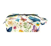 Watercolor Natures Floral Bird and Butterflies Women Cosmetic Storage Bag, Hanging Makeup Toiletry Bag, Portable Leather Travel Bag School Pencil Case, Multicolore 05, 8.2x3.1x3.5 in/21x8x9 cm
