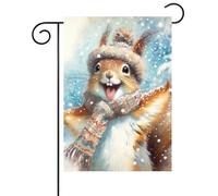 Watercolor Smiling Squirrel With Hat Scarf Catching Snowflakes And Dancing Bandiera Da Giardino Robuste Bandiera Colore Vivido Bandiere Per Decorazione Balcone Portico 30X45Cm