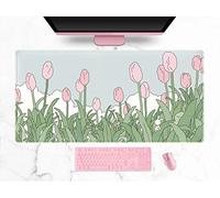 WatercolorTulip - Tappetino per mouse esteso XXL Kawaii Anime tappetino da scrivania rosa verde grande tappetino per mouse senza fili per tastiera mouse con bordi cuciti, 80 x 40 cm