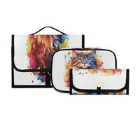 Waterdcoor - Set di 3 beauty case da viaggio con gancio, motivo gatto, portatile, organizer per pennelli e cosmetici, per donne e ragazze, #01, 3 pezzo Set, Beauty case