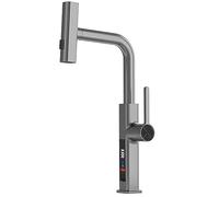 Waterfall Kitchen Faucet LED Digital Temperature Display, Kitchen Faucet with Pull Down Sprayer, with Rotary Adjustment Button (Color : Gray, Size : 45cm)
