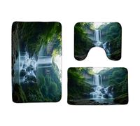 Waterfall Outdoor Natural Scenery Tree Rain Landscape Thicket Tropical Spring Summer Set Di Tappetini Da Bagno 3 Pezzi, Tappeto Con Profilo A U Assorbente Tappetino Contorno Wc Per La Casa