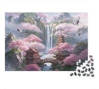 Waterfall Pagoda Puzzle 1000 Pezzi Riciclabile Cherry Blossom Puzzles Puzzle Game Accessori Divertente And Challenging Gioco Familiare Great Regalo Idea 52x38cm/1000pezzi