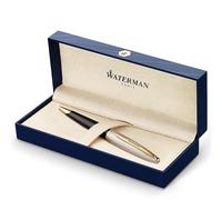Waterman Carène Deluxe Penna a Sfera, Punta Media con Cartuccia di Inchiostro Blu, Nero Lucido con Clip Dorata 23 Carati e Placcata in Argento, Confezione Regalo