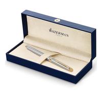 Waterman Hémisphère Penna Stilografica, in Acciaio Inossidabile con Finiture in Oro a 23 Carati, Pennino Sottile con Cartuccia di Inchiostro Blu, Confezione Regalo