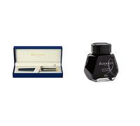 Waterman S0920710 Penna Stilografica, Pennino Sottile in Acciaio Inossidabile, Nero Opaco e Finiture in Oro + S0110710 Flacone d'Inchiostro, Nero