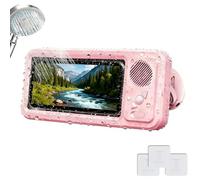 Waterproof Shower Phone Holder with Wireless Bluetooth Speaker for 4"- 6.8" Cell Phone, Retractable Anti-Fog Screen Touch Shower Phones Holder with Suction Cup 360° Rotation for Bathroom (Pink)