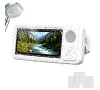 Waterproof Shower Phone Holder with Wireless Bluetooth Speaker for 4"- 6.8" Cell Phone, Retractable Anti-Fog Screen Touch Shower Phones Holder with Suction Cup 360° Rotation for Bathroom (White)