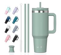 WATERSY Tazza da Caffè 1,2L con Manico, 40oz Tazze Isolate con 2 Cannuccias, Tazza Termica in Acciaio Inox per Bevande Calde e Fredde per Acqua, Caffè, Doppia Parete, Lavabile in Lavastoviglie (Verde)