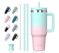 WATERSY Tazza Termica Grande 1182 ml con Manico, Tazza Mug Termica 40oz a Doppia Parete, Impermeabile & Lavabile in Lavastoviglie, Mantiene Freddo 12h/Caldo 6h, per Ufficio, Palestra (Verde-Rosa)