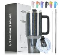 WATERSY Tazza Termica Grande 1182ml con Manico & 2 Coperchi, Doppia Parete Acciaio Inox Senza BPA per Auto, Mantiene Caldo 12h/Freddo 24h, Lavabile in Lavastoviglie per Ufficio, Palestra (Nero Lucido)