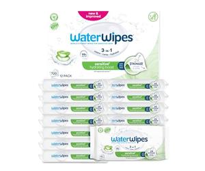 WaterWipes Sensitive + Hydrating Boost Wipes, 12 Confezioni | 720 salviette 3 in 1 che detergono, proteggono e idratano con aloe vera, ipoallergeniche, senza profumo né alcol