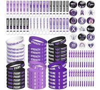 WATINC Kit di accessori per la consapevolezza dei nastri, 144 pezzi, set di sensibilizzazione settimanale con nastro viola, 36 braccialetti in silicone, 36 portachiavi in gomma, 36 spille, 36 penne