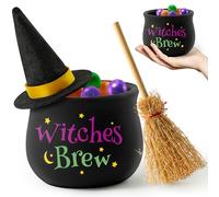 WATINC Mini calderone in ceramica a più livelli per streghe di Halloween, decorazione per dolcetti o scherzetti, manico di scopa per snack, secchiello per caramelle per feste magiche di Halloween