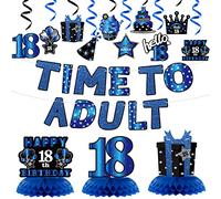 WATINC Set di 26 decorazioni per feste di compleanno blu e nero, per adulti 18 decorazioni di compleanno da appendere turbinii banner a nido d'ape centrotavola per ragazzi ragazze Happy 18 Bday