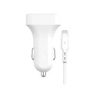 Watio Wave Caricabatteria da auto - Caricatore accendisigari con 2 porte USB, cavo per iPhone, 5 V 2,4 A, colore bianco, ideale per i viaggi.