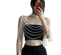 Watreketal Collana lunga da donna con perle e catena per il ventre con perline e spalla, gioiello per il corpo, catena decorativa per top da donna