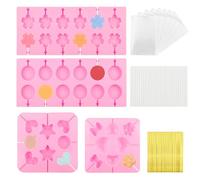 WATUNID Confezione da 4 stampi in silicone per lecca-lecca, stampi per cioccolatini, 8 fori e 12 fori, stampi per caramelle a forma di fiore con 100 bastoncini per lecca lecca, 100 cravatte dorate,